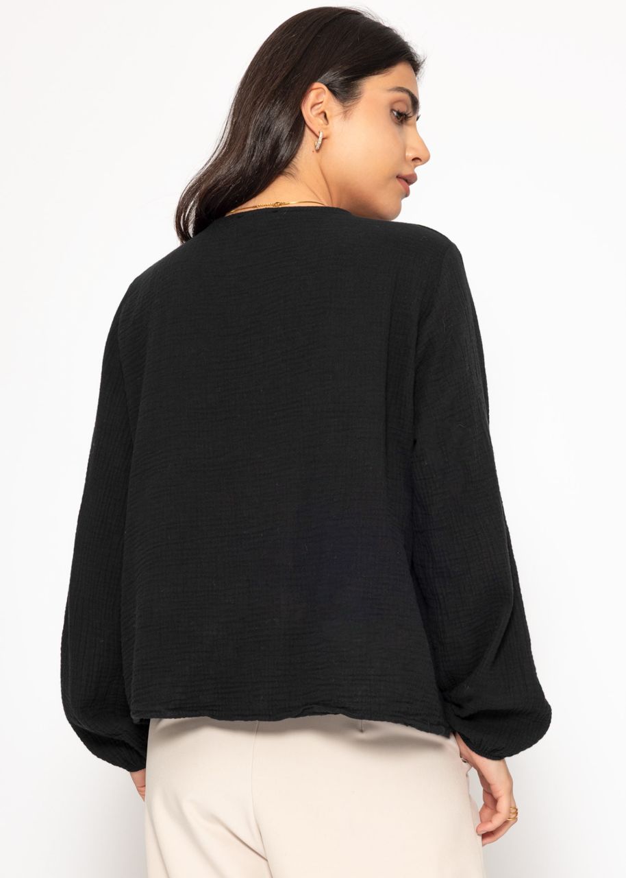 Musselin Blusenjacke mit Bindebänder - schwarz