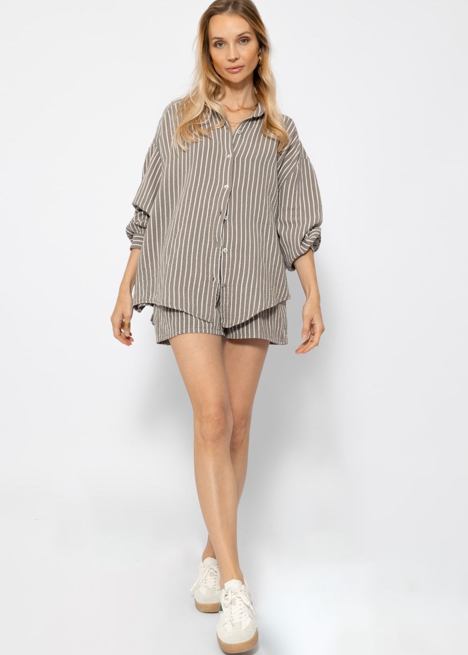 Gestreifte oversize Musselin Bluse - taupe