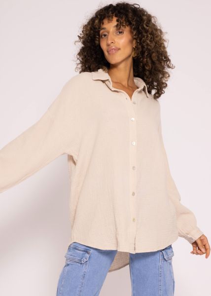 Musselin Bluse mit abgerundetem Saum, beige