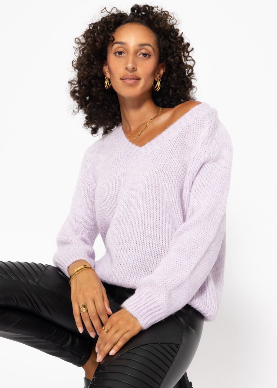 Klassischer Strickpullover mit V-Ausschnitt und Blende - flieder