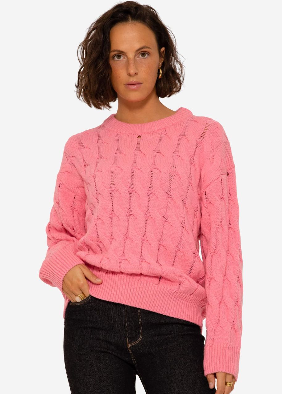 Strickpullover mit Zopfmuster - rosa