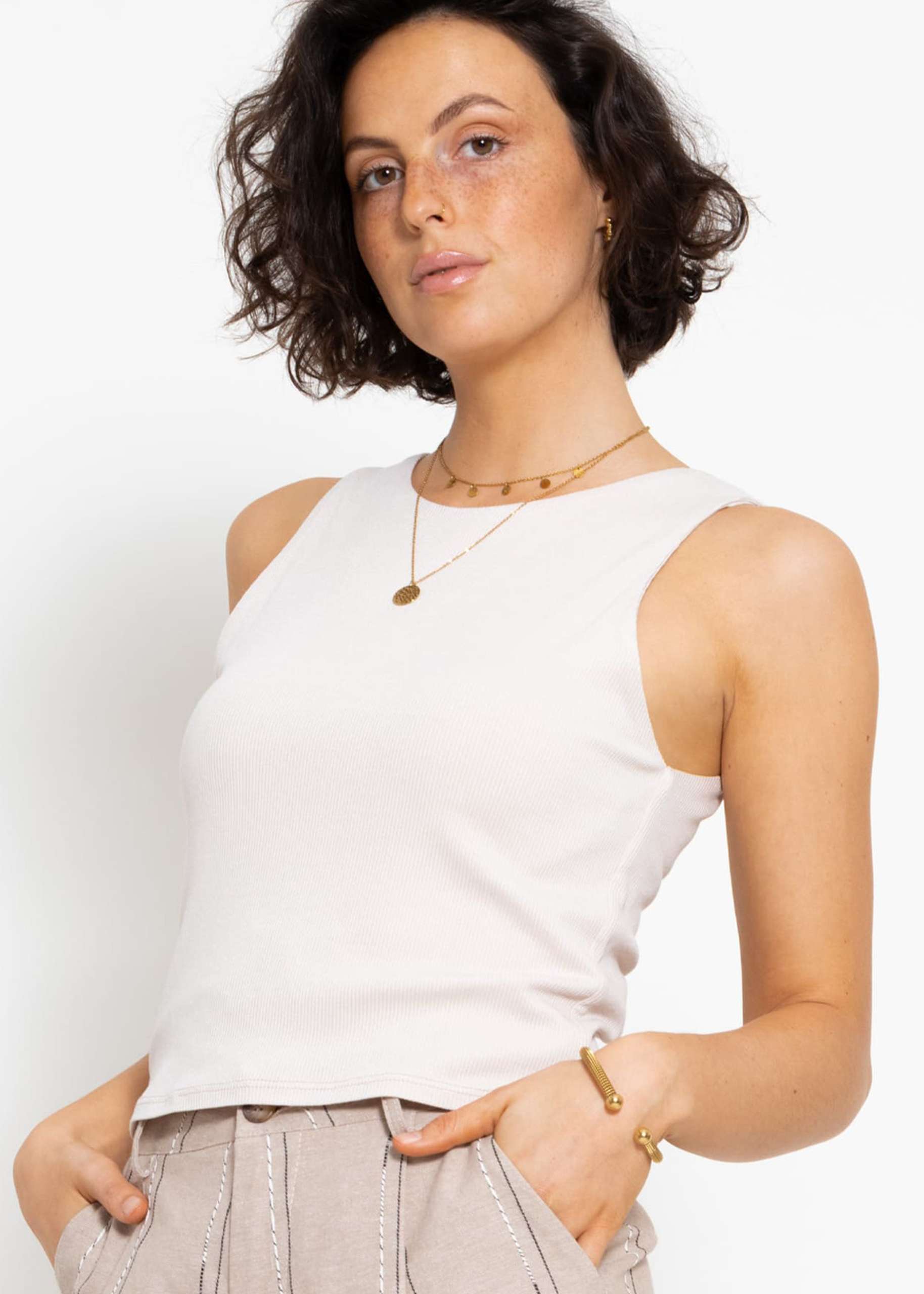 Doppellagiges, geripptes Tank Top - beige