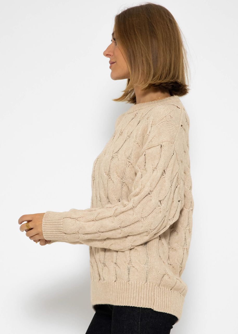 Strickpullover mit Zopfmuster - beige