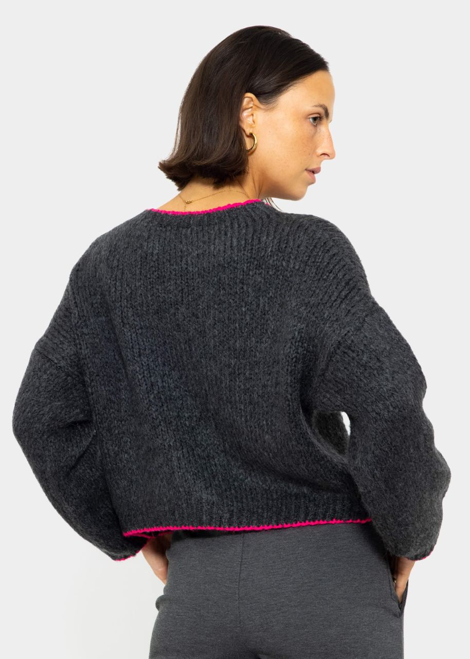 Flauschiger Pullover mit pink Blenden - dunkelgrau