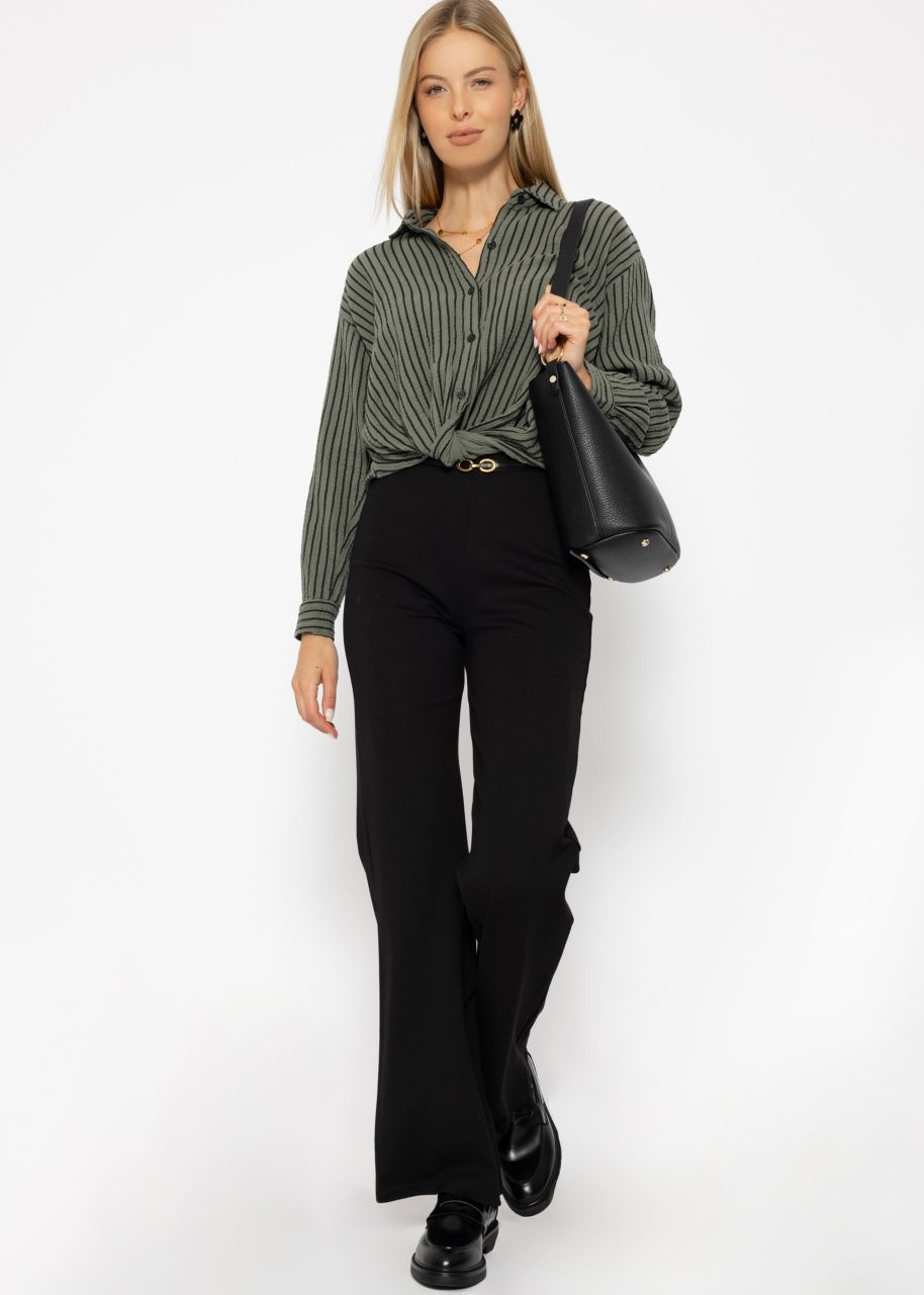 Gestreifte Musselin Bluse mit Knoten - khaki-schwarz