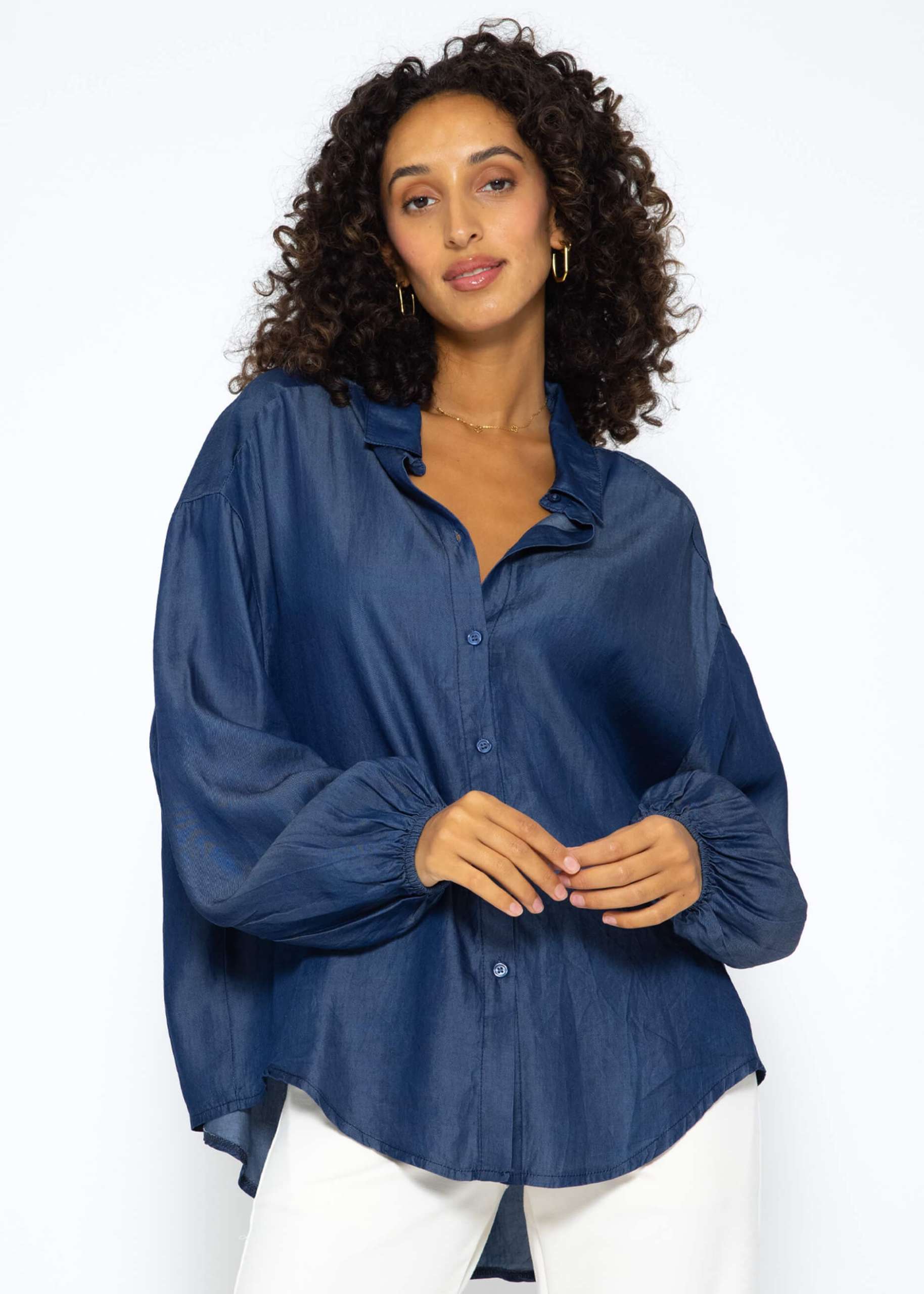 Oversize Bluse aus Tencel in Denimoptik - dunkelblau