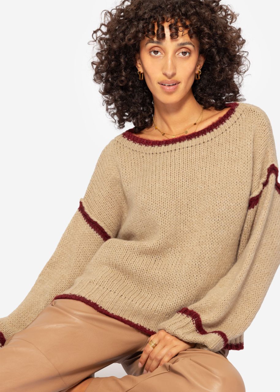 Pullover mit farbigen Blenden - beige-bordeaux