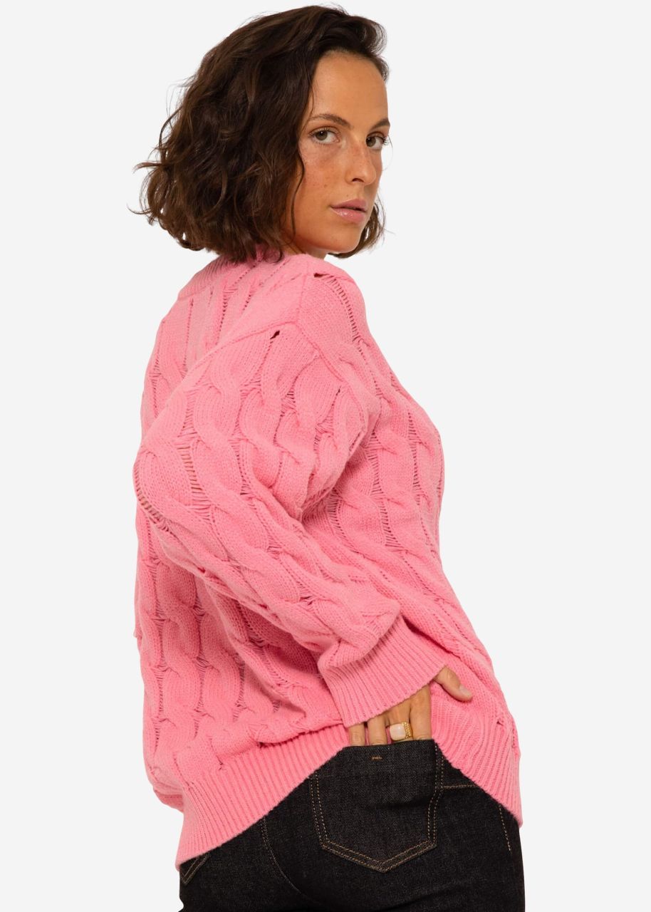 Strickpullover mit Zopfmuster - rosa