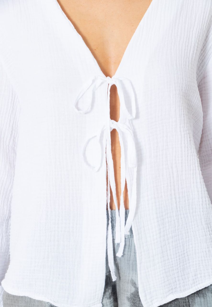 Musselin Blusenjacke mit Bindebänder - weiß