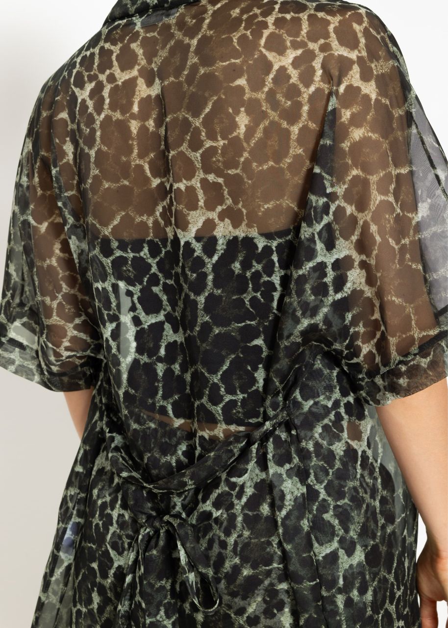 Transparenter Kimono mit Leo-Print - khaki