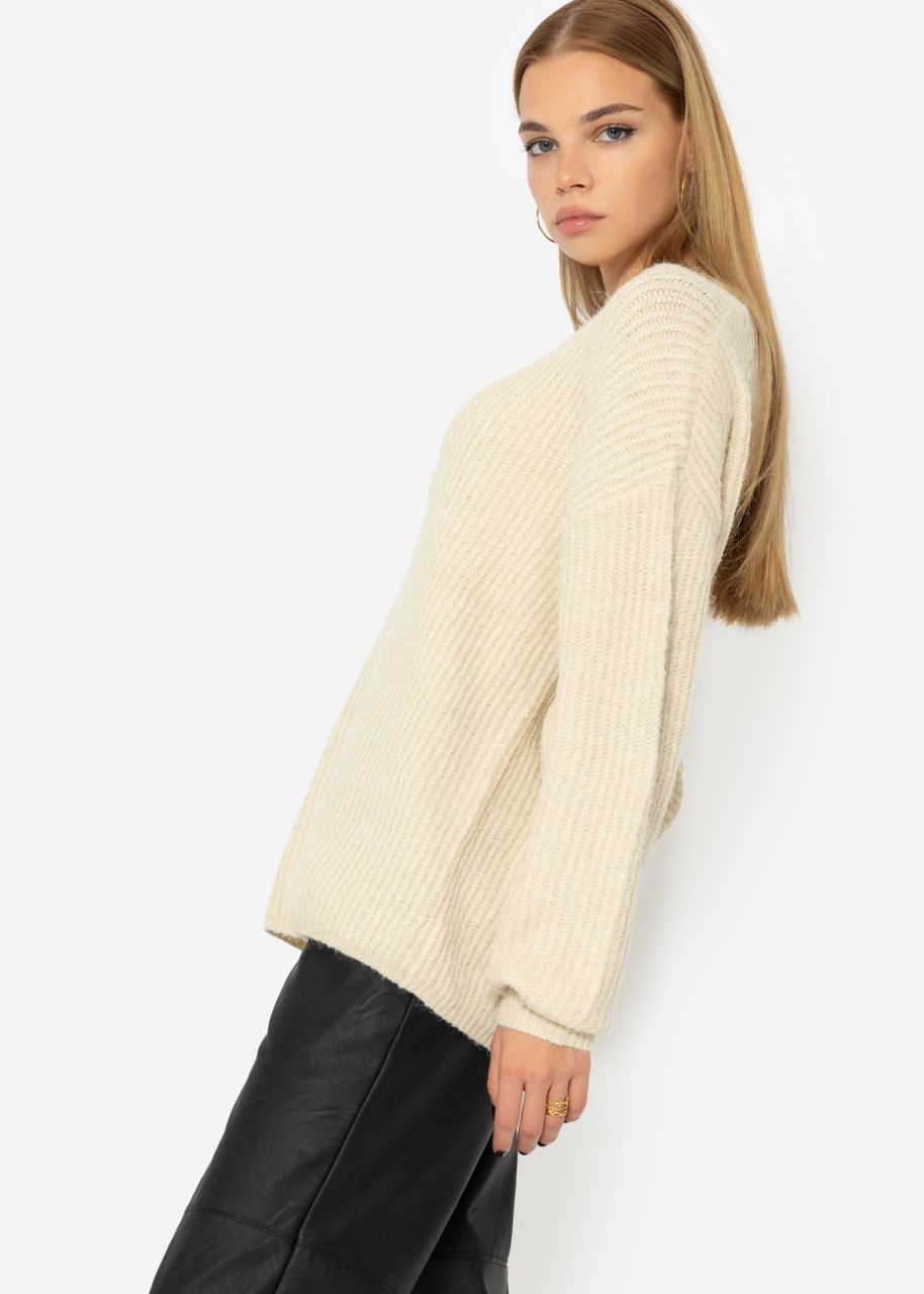 Gerippter Pullover mit V-Ausschnitt - beige