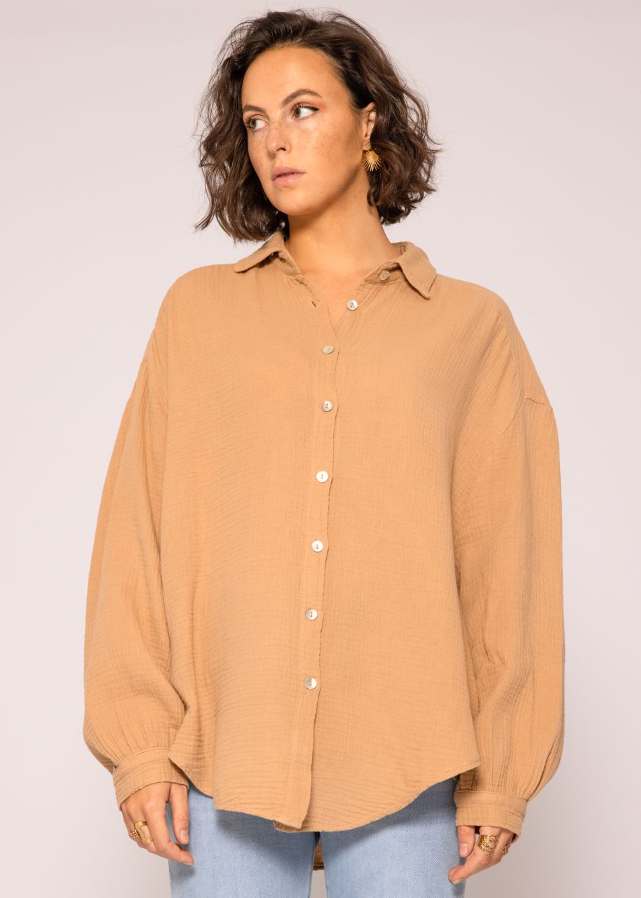 Ultra oversize Musselin-Blusenhemd, kürzere Variante, camel
