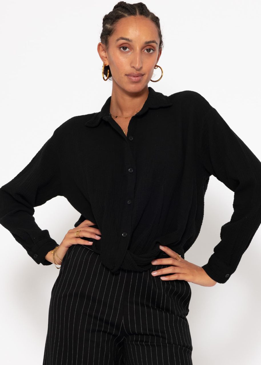 Musselin Bluse mit Knoten - schwarz