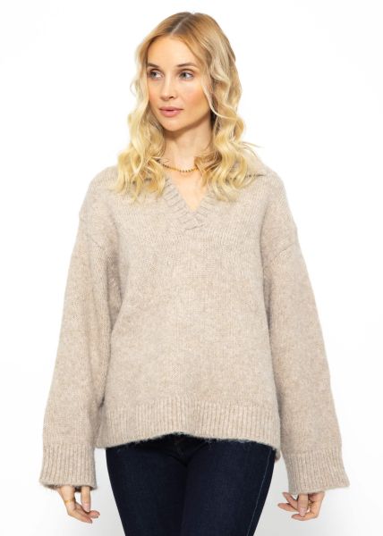 Oversize Pullover mit Kragen - beige