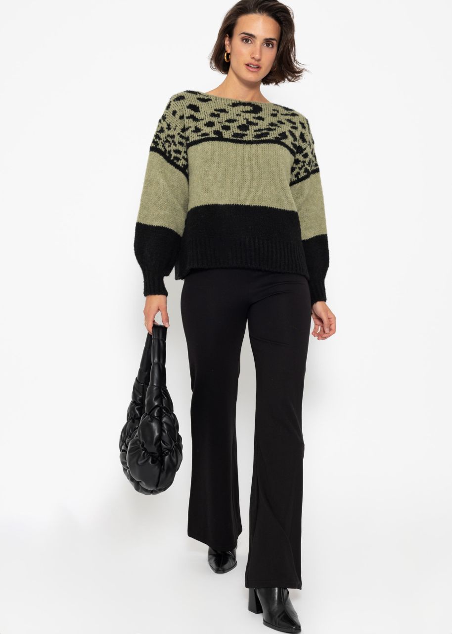 Oversize Pullover mit Leo-Print - khaki-schwarz