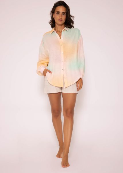 Transparente Musselin Bluse oversize, kurz, apricot-grün-rosa