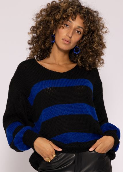 Pullover mit royalblauen Streifen, schwarz