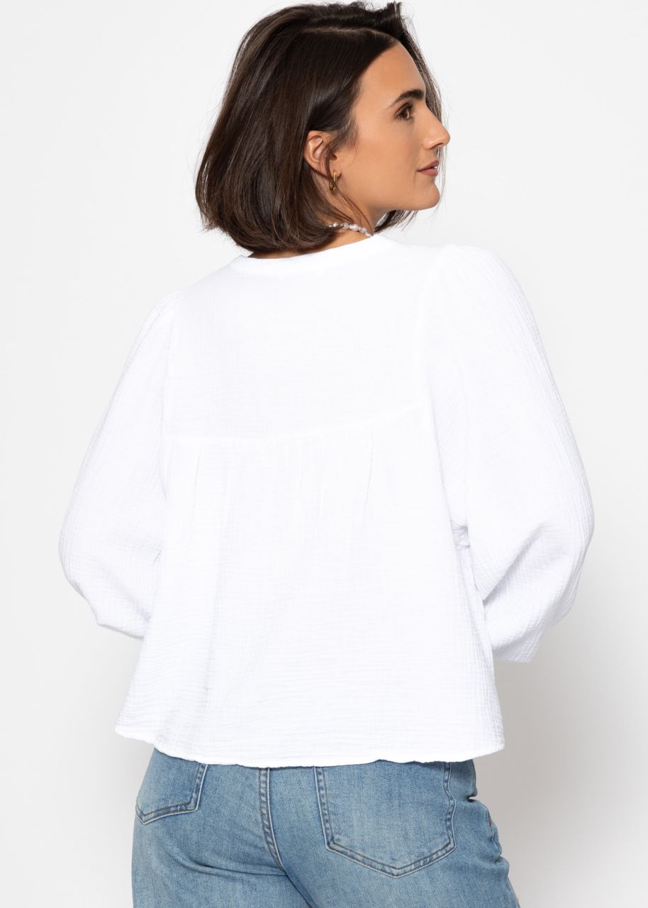 Musselin Bluse mit V-Ausschnitt und Fransen - weiß