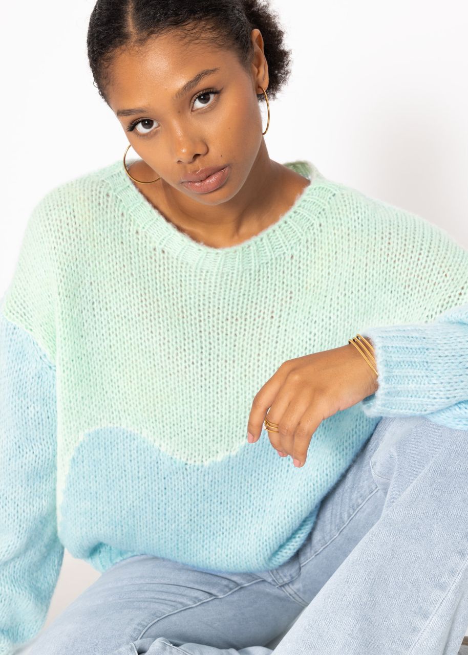 Zweifarbiger Strickpullover - hellblau-pastellgrün