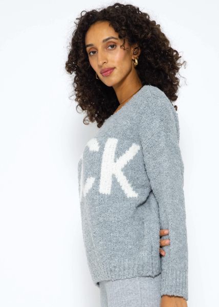 Oversize Pullover mit "Rock"-Schriftzug - grau-weiß