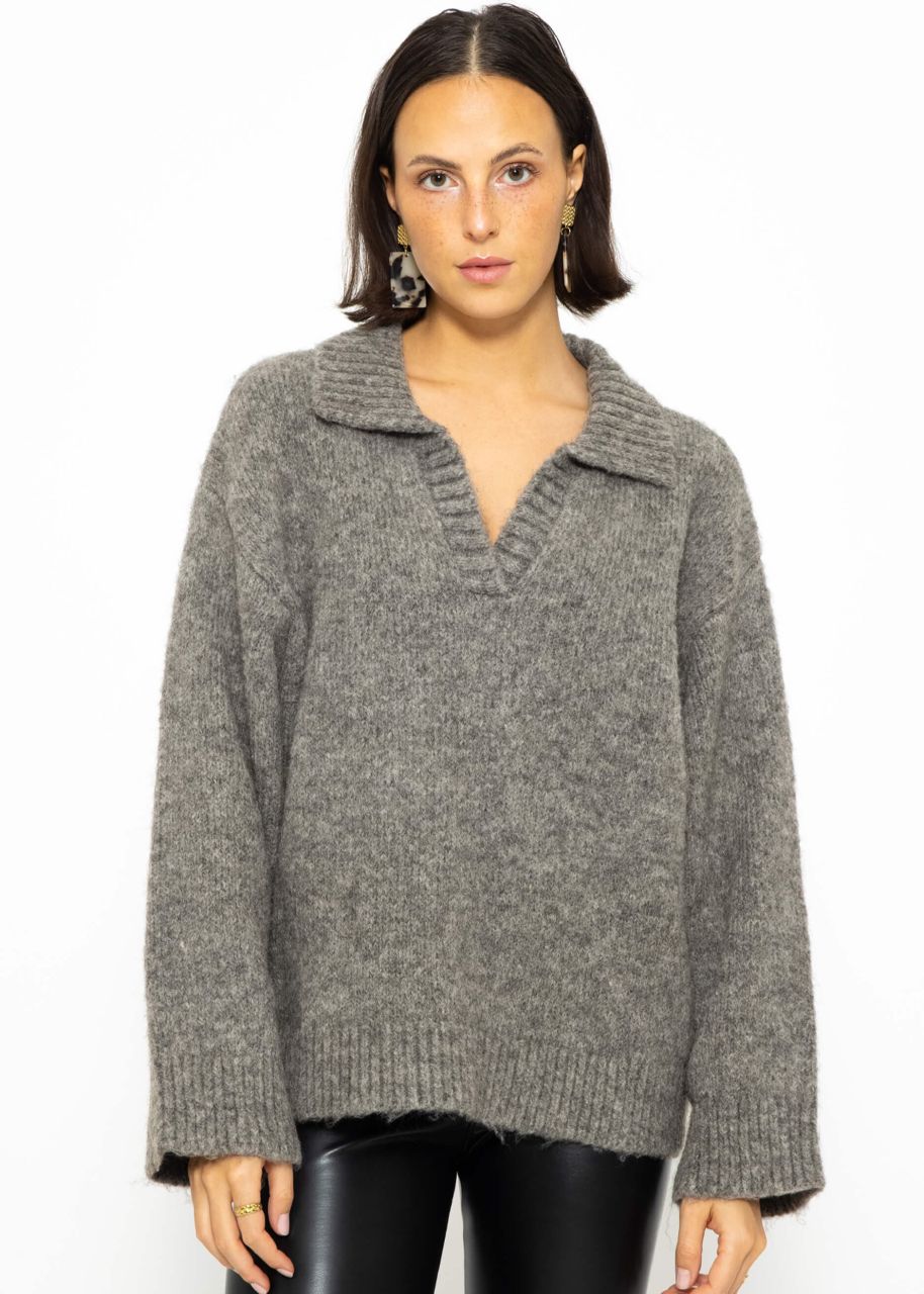 Oversize Pullover mit Kragen - grau