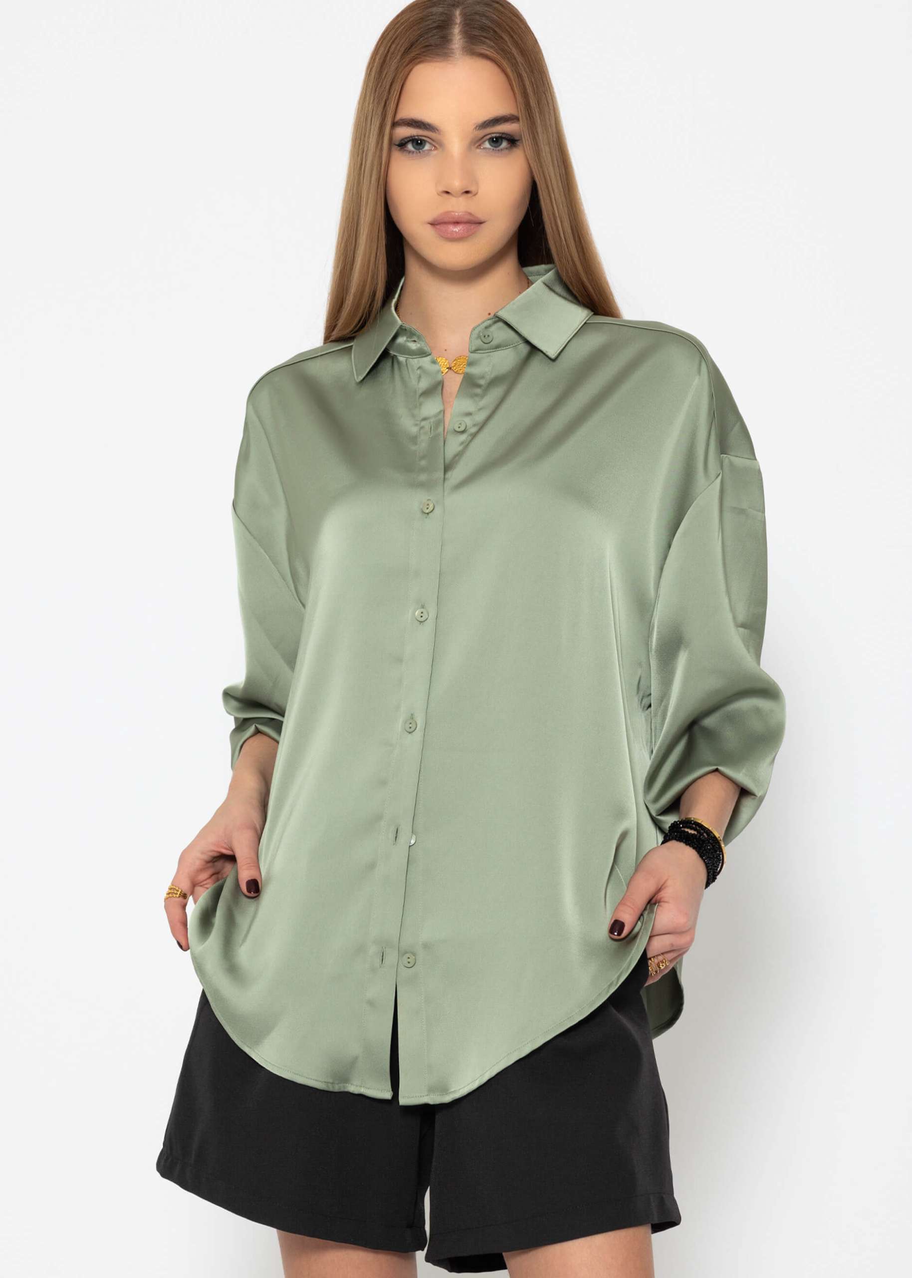 Oversize Satin Bluse - salbeigrün