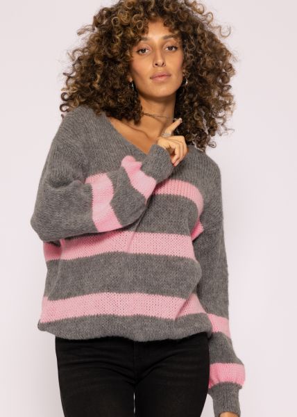 Pullover mit rosa Streifen - grau