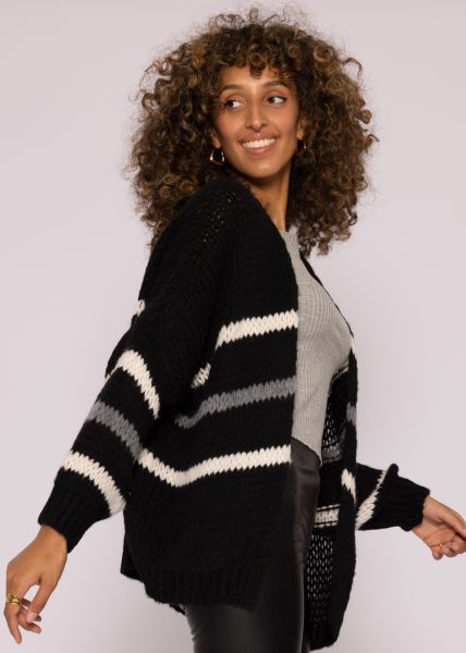 Oversize Cardigan mit grau und offwhite Streifen, schwarz
