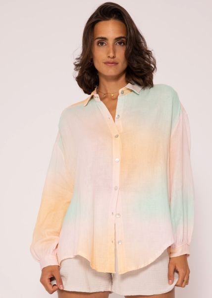 Transparente Musselin Bluse oversize, kurz, apricot-grün-rosa