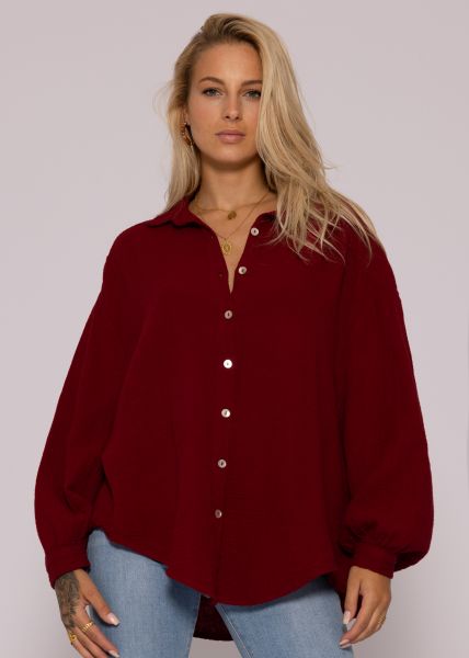 Ultra oversize Musselin-Blusenhemd, kürzere Variante, dunkelrot