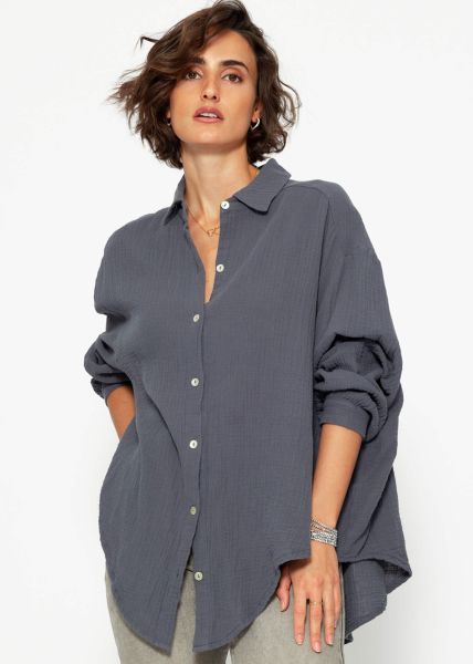 Musselin Bluse oversize, kurz, dunkelgrau