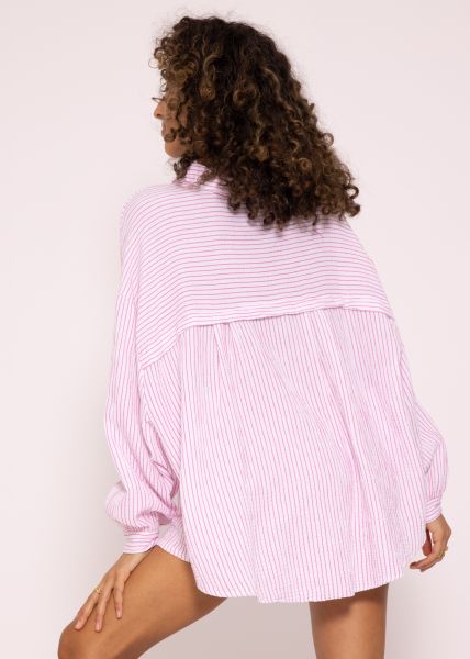 Gestreifte Musselin Bluse oversize, kurz, pink/weiß