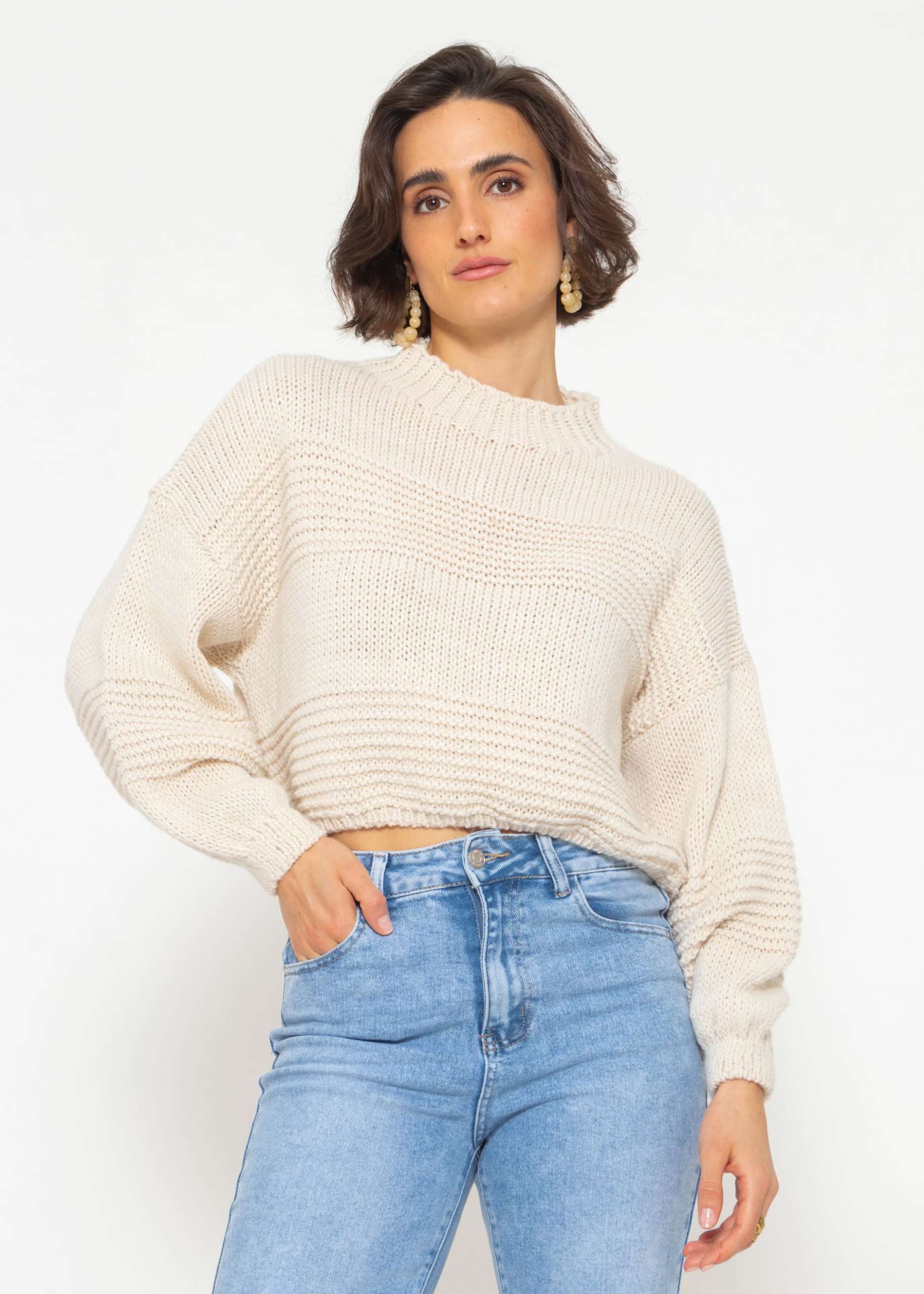 Crop Strickpullover mit Textur - offwhite