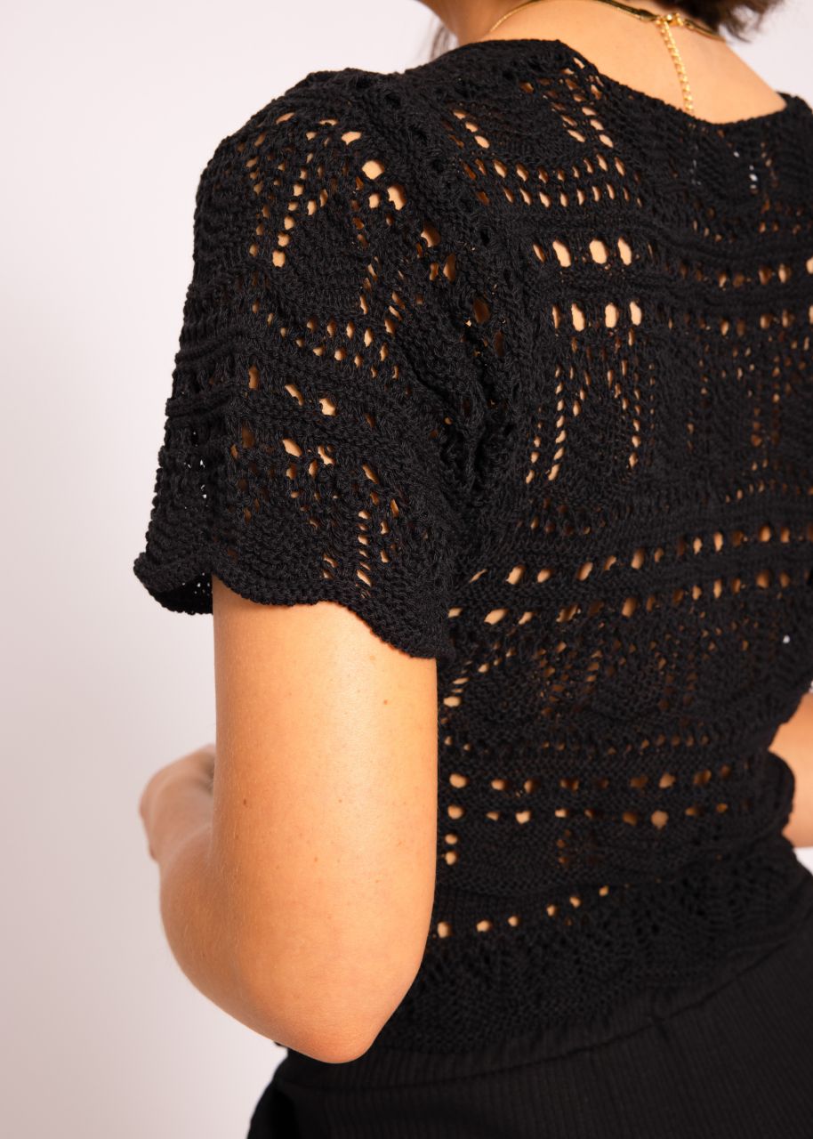 Crochet-Shirt mit Raffung, schwarz