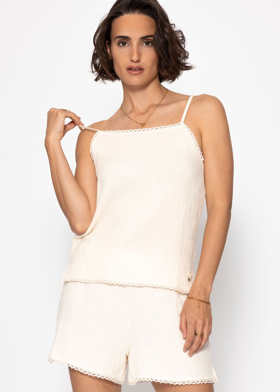 Musselin Pyjamatop mit Spitzenborte - beige