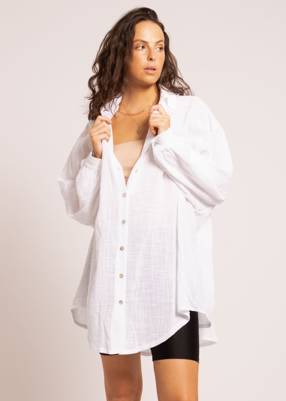 Ultra oversize transparentes Blusenhemd in Leinen-Optik, weiß