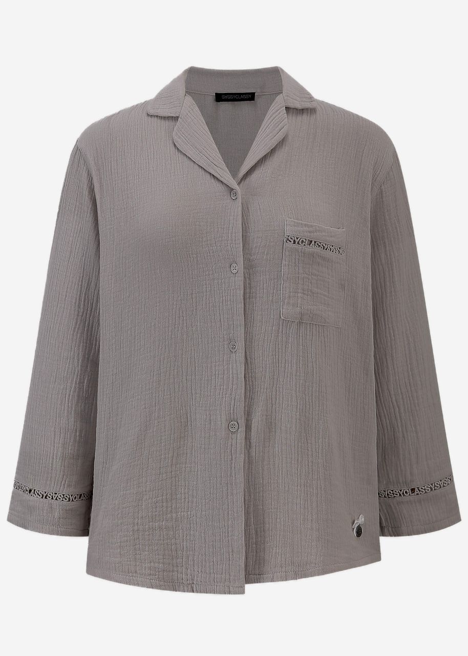 Musselin Pyjamabluse mit Spitzenborte - taupe