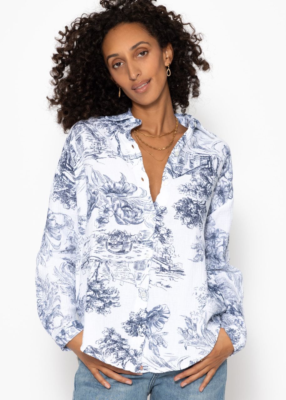Oversize Musselin Bluse mit Print - dunkelblau