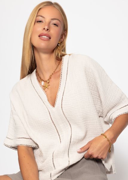 Musselin Bluse mit Spitzeneinsatz - hellbeige