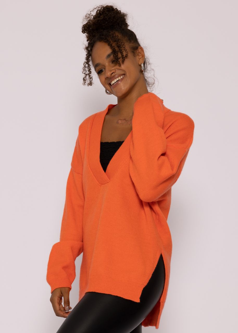 Oversize Pullover mit tiefem V-Ausschnitt, orange