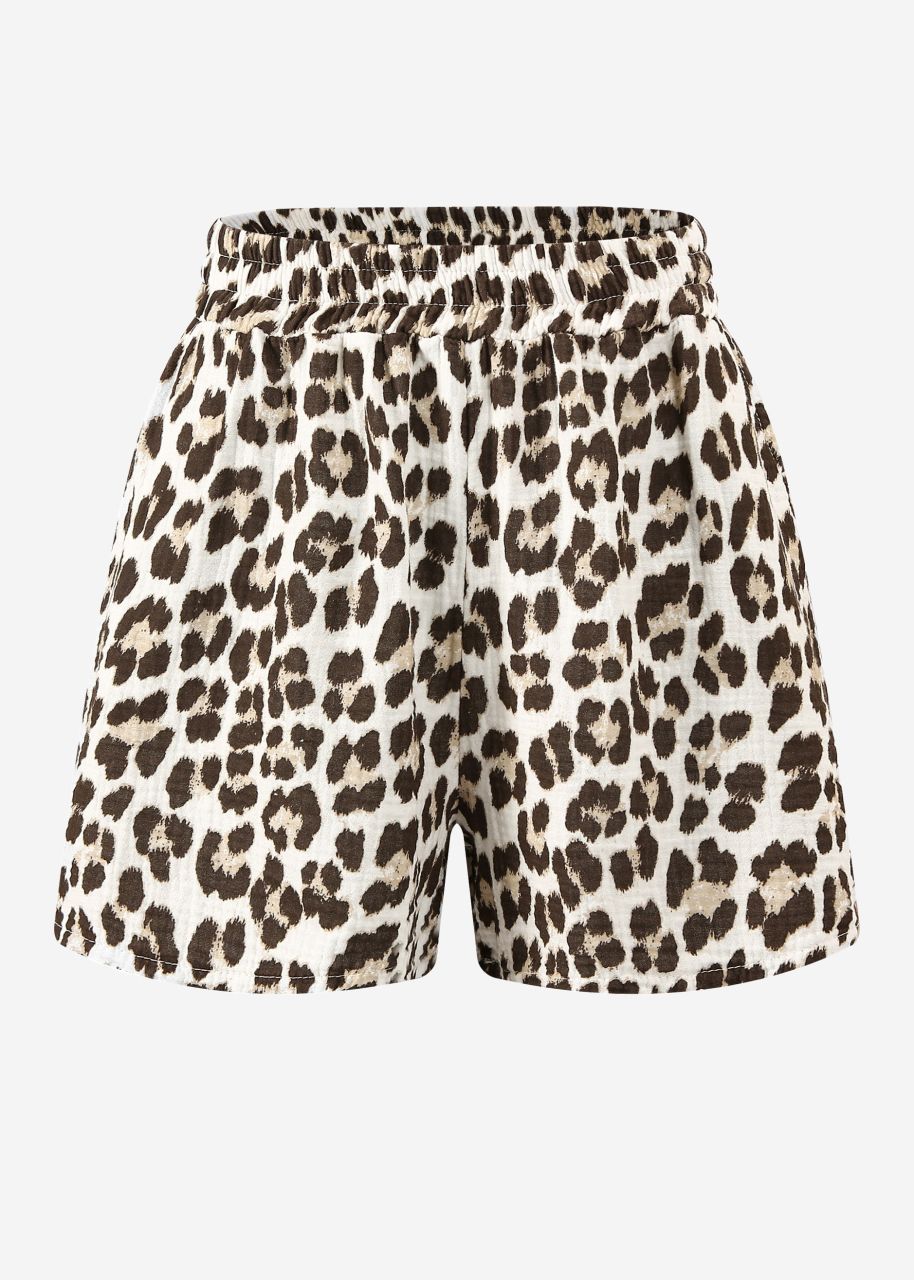 Musselin Shorts mit Leo-Print - offwhite-braun