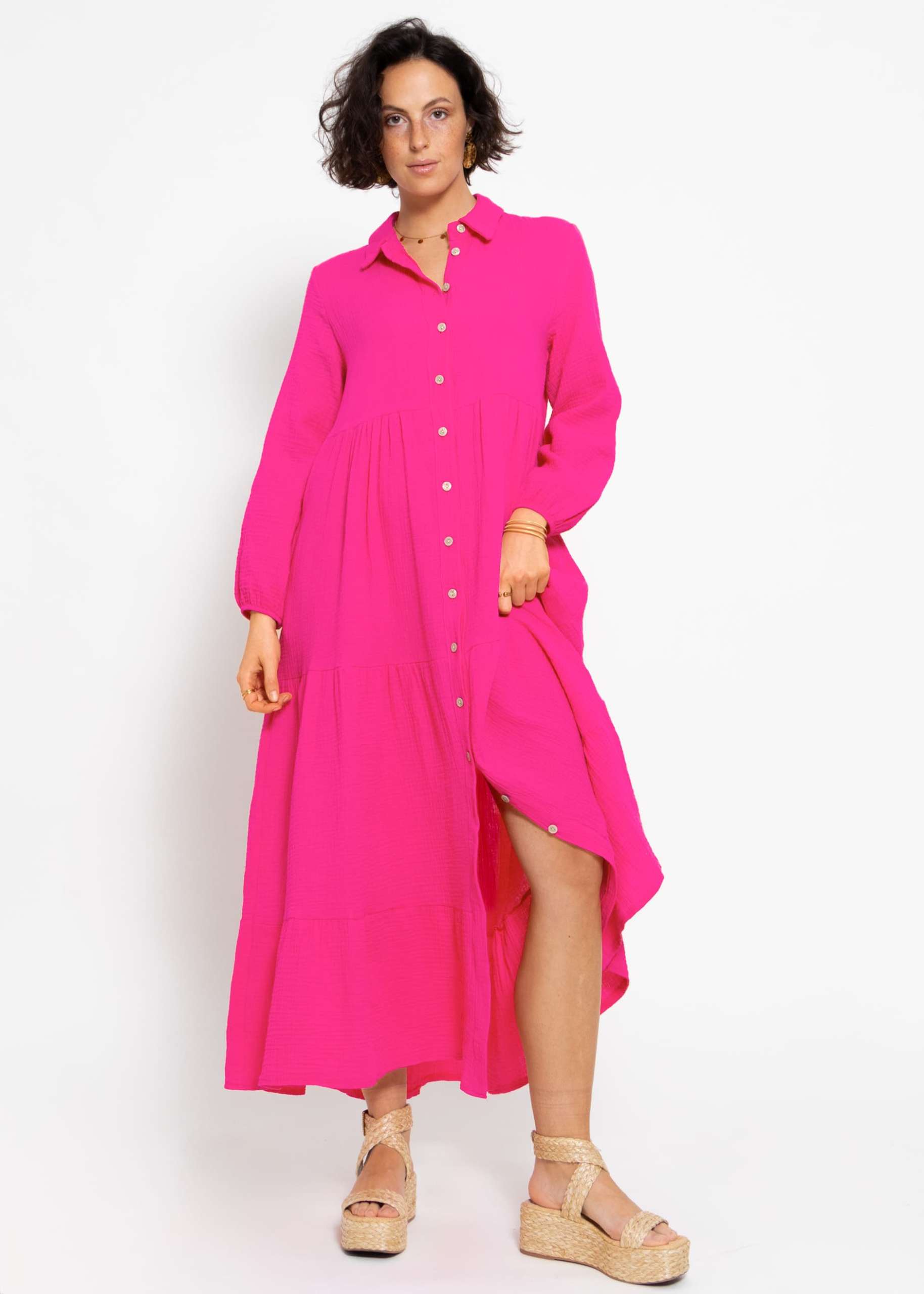 Musselin Maxi Kleid mit Volants - pink