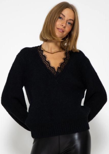 Pullover mit Spitzen-Ausschnitt - schwarz