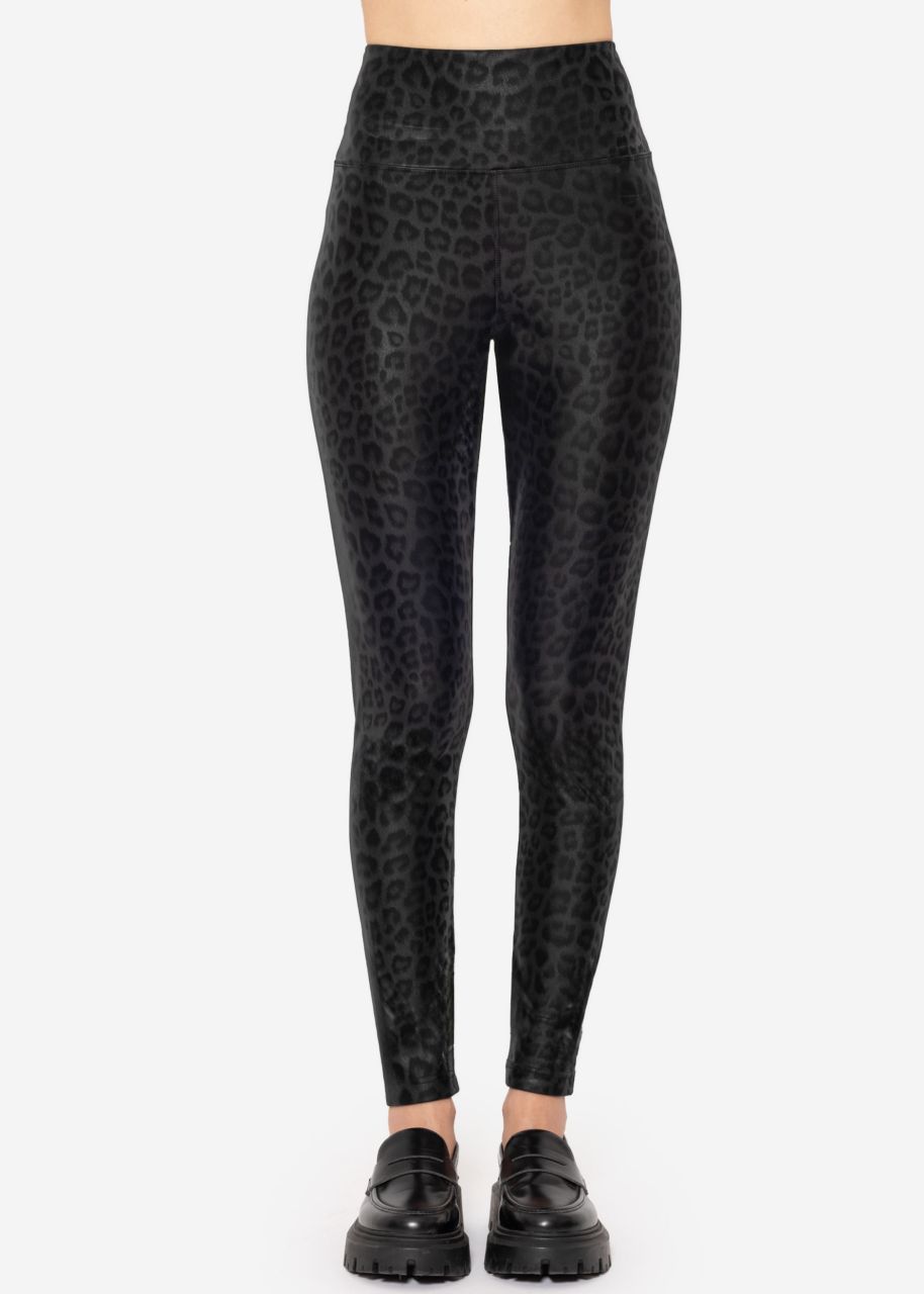 Thermo Kunstleder Leggings mit Leo Print - schwarz