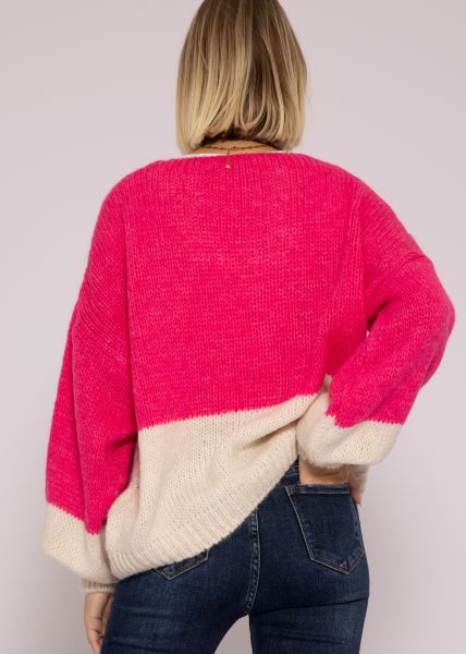 Lockerer Pullover mit V-Ausschnitt, pink/offwhite