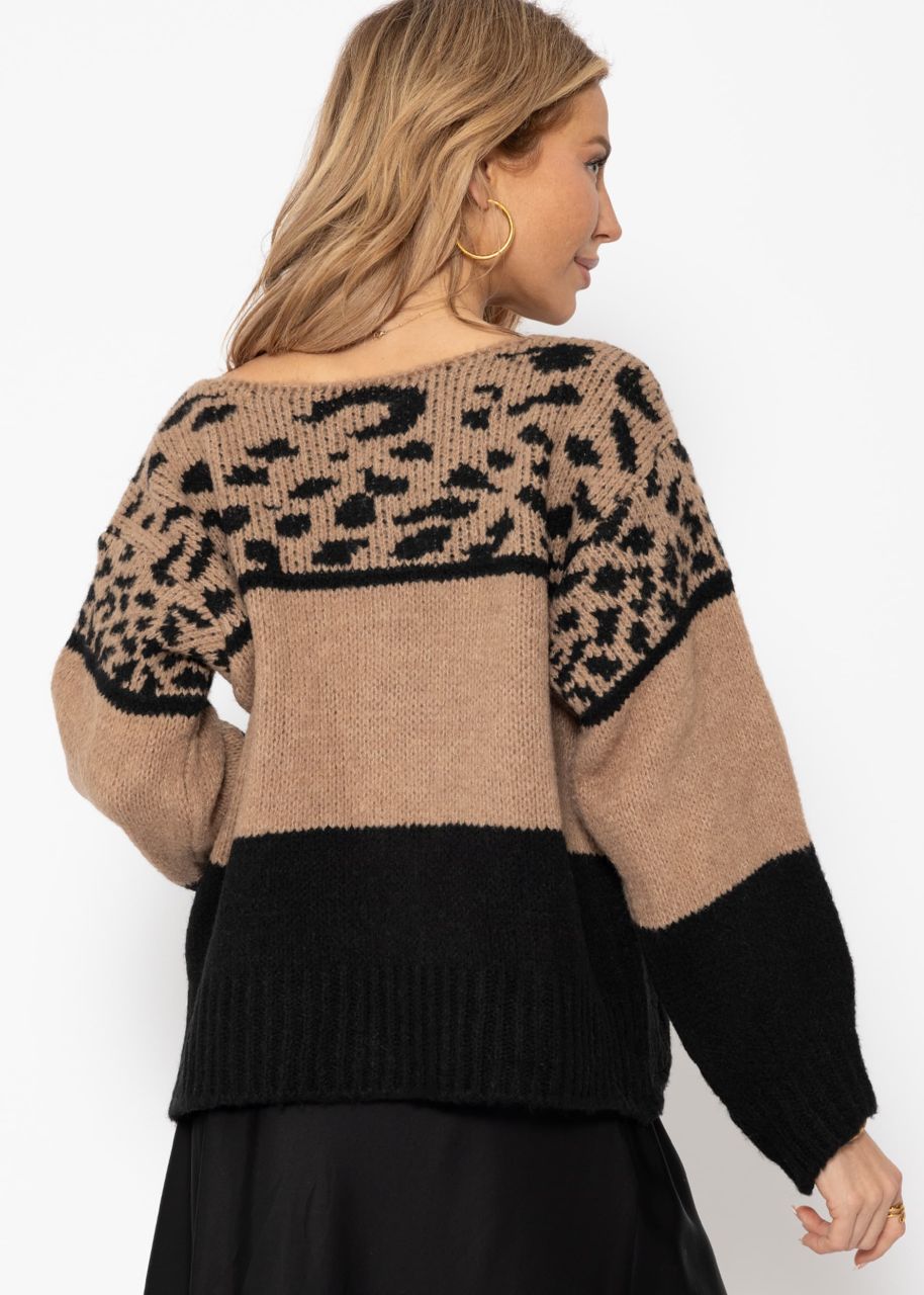 Oversize Pullover mit Leo-Print - beige-schwarz