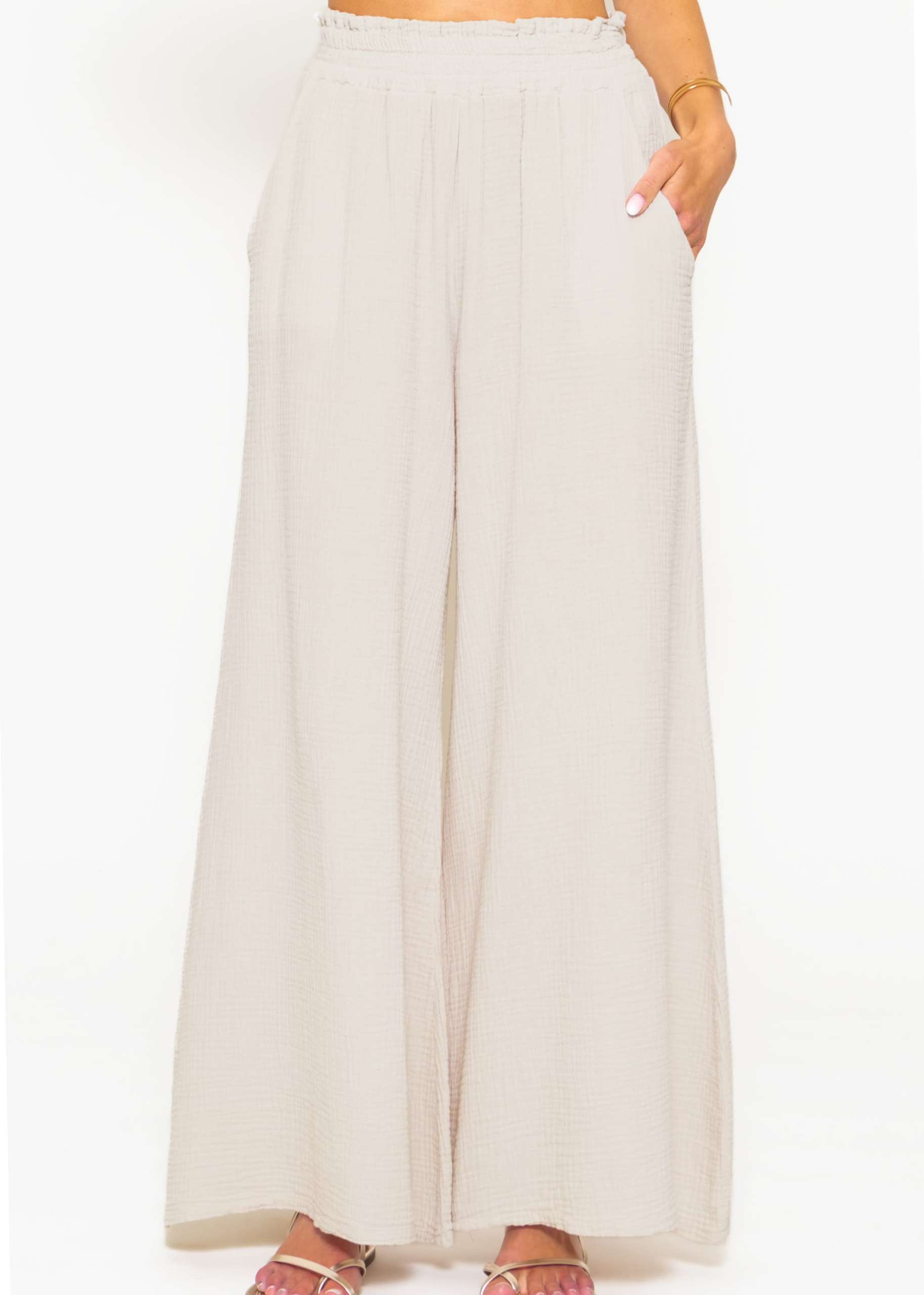 Musselin Pants mit weitem Bein, hellbeige