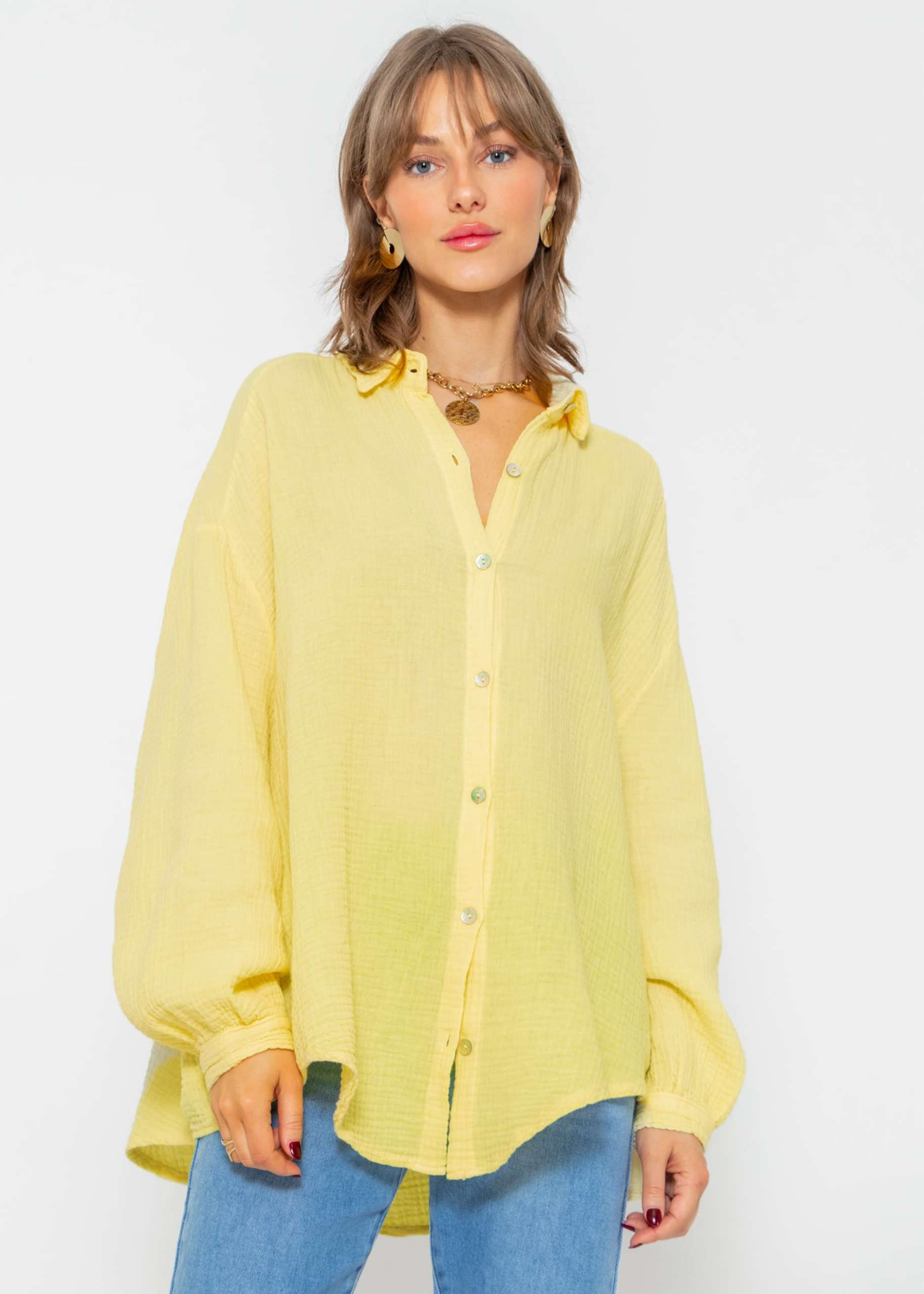 Musselin Bluse oversize, kurz, gelb