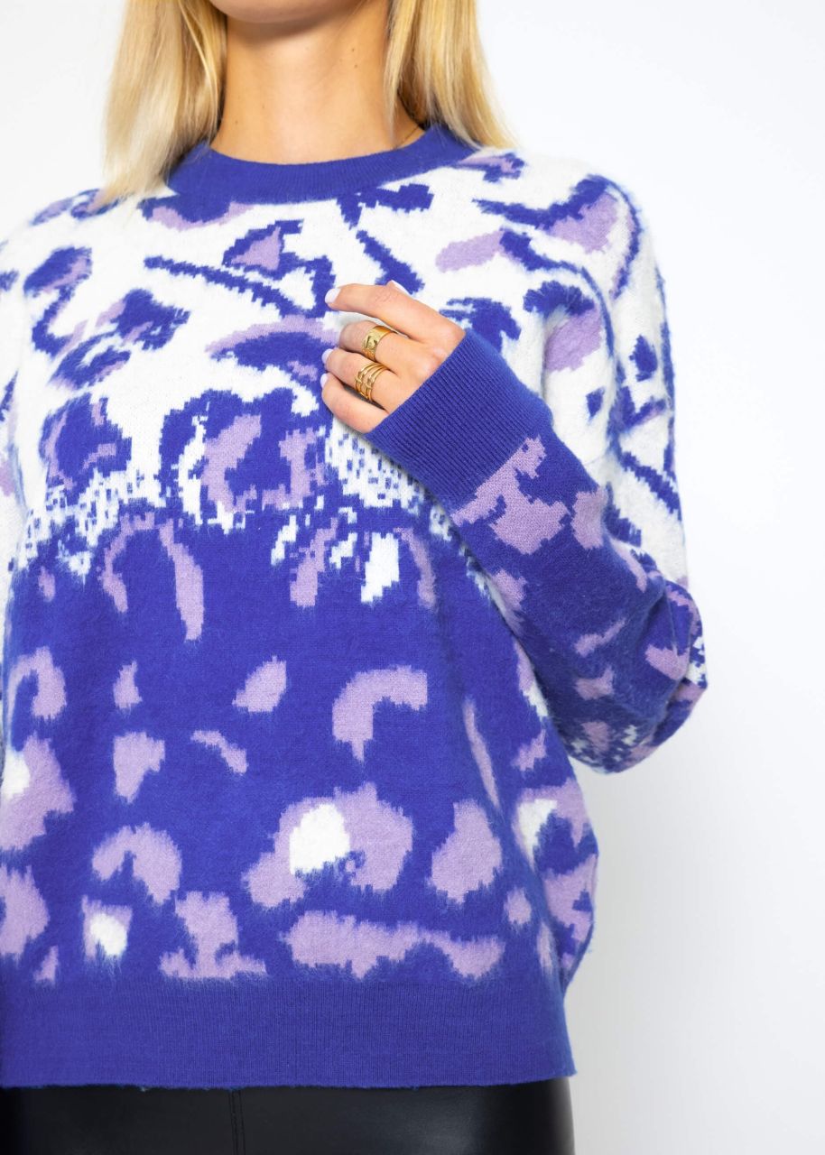 Strickpullover mit Leopard-Muster - blau