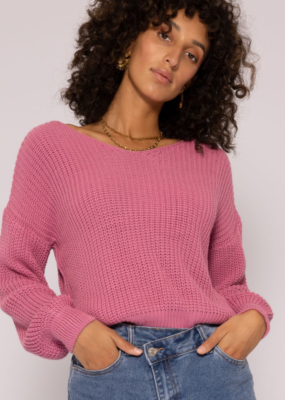 Oversize Rippen-Pullover mit V-Ausschnitt, pink